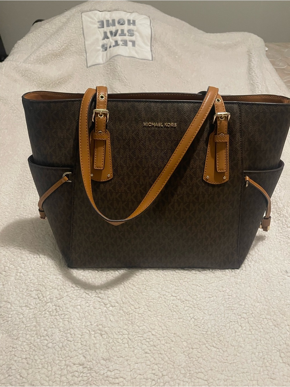 Michael Kors Dark Brown Signature Tote with Tan Straps